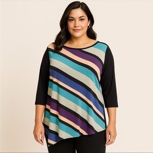 Susan Graver Womens 1X Stripe Colorblock Split Hem Stretch Knit 3/4 Sleeve Top